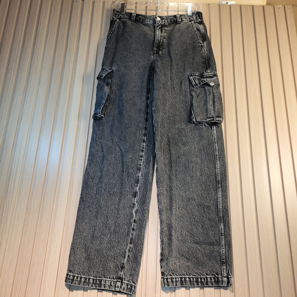 Madewell Low-Slung Cargo Jeans Lunar Wash Wide Leg Grey Black Denim Size 24